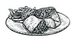 Kebab, doner food. Sketch of restaurant dish in vintage style