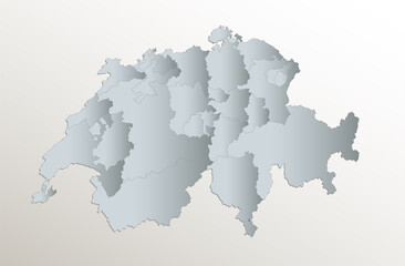  Switzerland map, administrative division, white blue card paper 3D blank