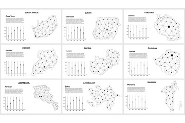 Poster - Set line maps. Africa South, Sudan, Tanzania, Uganda, Zambia, Zimbabwe, Azerbaijan, Bahrain. Lines and dots