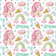 Seamless pattern with unicorns. Cute watercolor illustration for girls with unicorns, donuts, ice cream, rainbow, lettering dream and sweet baby, flowers on a white background in cartoon style