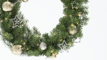 3D Close Up Of A Full Decoration Green Christmas Wreath With Sparkling Light, Shinny Gold Ornaments Balls And Stars On White Background. Seasons Greeting Card, Copy Space, 2022, Happy New Year, Merry.