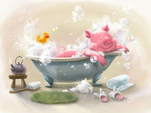 Digital Illustration Of A Piggy Taking A Bath With A Yellow Rubber Duckling. Cute Pig Character Relaxing And Cozy. Funny Image For Background, Postcards, Posters. 
