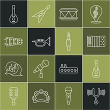 Set Line Musical Tuning Fork, Guitar, Accordion, Drum, Trumpet, Xylophone, And Audio Jack Icon. Vector
