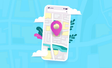 Poster - Map on phone with geotag symbol - Smartphone with app showing city map and destination. Colourful vector illustration
