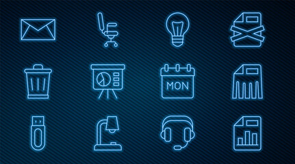Poster - Set line Document with graph chart, Paper shredder, Light bulb, Board, Trash can, Mail and e-mail, Calendar and Office chair icon. Vector