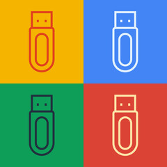 Poster - Pop art line USB flash drive icon isolated on color background. Vector