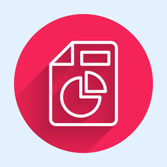 Poster - White line Document with graph chart icon isolated with long shadow background. Report text file icon. Accounting sign. Audit, analysis, planning. Red circle button. Vector