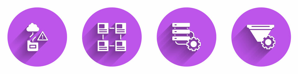 Poster - Set Cloud technology data transfer, Hierarchy organogram chart, Server and gear and Filter setting icon with long shadow. Vector
