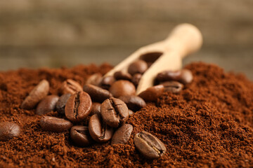 Poster - Ground coffee and scoop with roasted beans, closeup