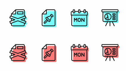 Poster - Set line Calendar, Delete file document, Note paper with push button and Board graph icon. Vector