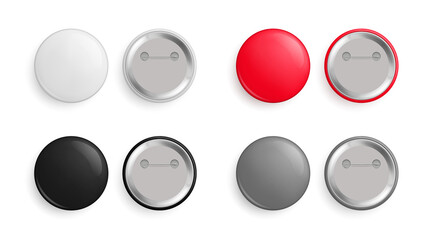 Round blank metal glossy pin button templates set. Front and back view of empty badges with place for text realistic vector illustration isolated on white background