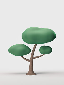 Stylized single tree, flat style green leaf and brown trunk isolated tree on a white background, 3d rendering
