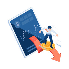 Poster - Isometric Businessman Surfing on Bitcoin