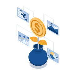 Poster - Isometric Coin Plant Growing from Flower Pot with Financial Chart
