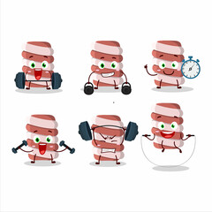 Sticker - A healthy red marshmallow twist cartoon style trying some tools on Fitness center