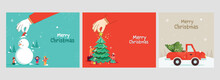 Merry Christmas Poster Or Greeting Card With Festival Elements In Three Color Options.