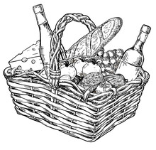 Picnic Basket With Snack. Hand Drawn Sketch. Hand Drawn Illustrations Of Picnic. Cheese, Wine, Fruit And French Loaf In A Wicker Basket.