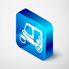 Wall Mural - Isometric Taxi tuk tuk icon isolated on grey background. Indian auto rickshaw concept. Delhi auto. Blue square button. Vector