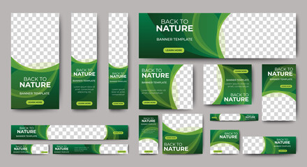 Poster - nature banner design web template set, horizontal header web banner. modern gradient green cover hea