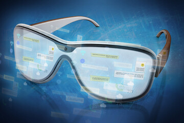 Virtual reality of augmented reality glasses on blue background. 3D illustration