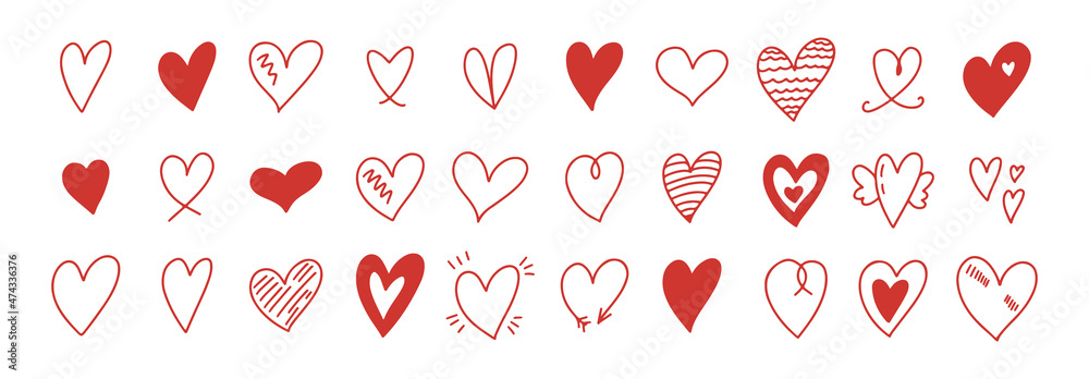 Doodle hearts sketch set. Various different hand drawn heart icon love ...