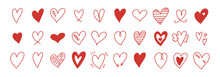 Doodle Hearts Sketch Set. Various Different Hand Drawn Heart Icon Love Collection Isolated On White Background. Red Heart Symbol For Valentines Day.