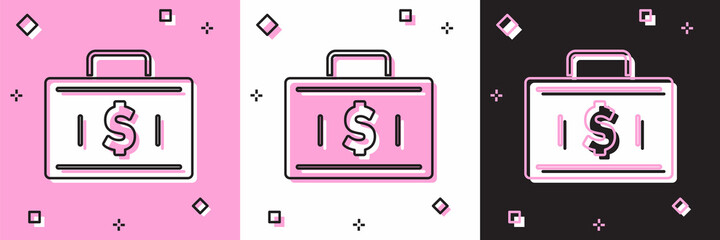 Sticker - Set Briefcase and money icon isolated on pink and white, black background. Business case sign. Business portfolio. Financial management. Vector