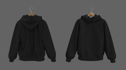 blank hooded sweatshirt mockup with zipper in front, side and back views, 3d rendering, 3d illustrat