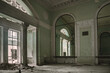 Beautiful interior of an old abandoned palace. Hall with high ceilings. Colorful walls and ceiling. Huge mirrors on the walls. Ancient architecture of the USSR.