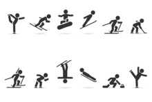 Vector Set Of Winter Sports. Contains Figure Skating, Snowboarding, Alpine Skiing, Speed Skating, Biathlon, Curling, Hockey And More.