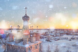 Fototapeta  - wooden church winter top view, landscape russian north architecture