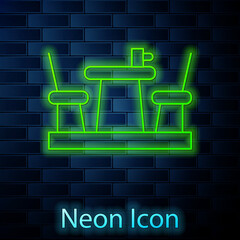 Wall Mural - Glowing neon line French cafe icon isolated on brick wall background. Street cafe. Table and chairs. Vector