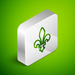 Poster - Isometric line Fleur De Lys icon isolated on green background. Silver square button. Vector