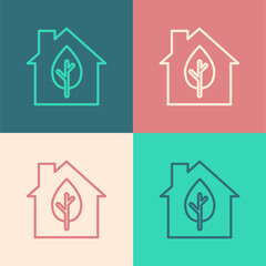 Canvas Print - Pop art line Eco friendly house icon isolated on color background. Eco house with leaf. Vector