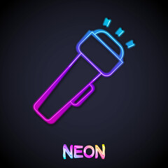 Sticker - Glowing neon line Flashlight icon isolated on black background. Vector