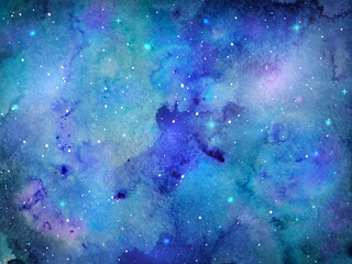 Watercolor space texture, galaxy with glowing stars. Night starry sky with white stardust.