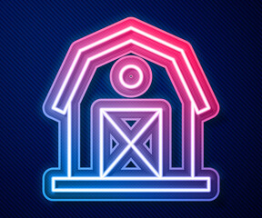 Sticker - Glowing neon line Farm house icon isolated on blue background. Vector