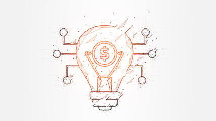 Wall Mural - Polygonal vector illustration of a light bulb and a coin. Funding an idea or making a profit with an idea, finance and business template, banner or background.