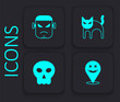 Set Happy Halloween holiday, Frankenstein face, Black cat and Skull icon. Black square button. Vector