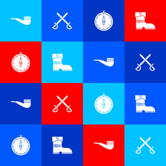 Wall Mural - Set Smoking pipe, Crossed pirate swords, Compass and Leather boots icon. Vector