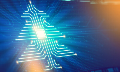 Leinwandbilder - Festive IT greeting card Abstract digital illustration of microchip board in fir tree shape with lens flare. Information technology celebration interface. Happy new year and merry christmas