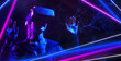 © DIgilife - Metaverse virtual event future game entertainment digital technology . Teenager having fun play VR virtual reality glasses sport game metaverse NFT game 3D cyber space futuristic neon background.