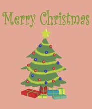 Card With A Green Decorated Christmas Tree With Blue And Red Toys Under The Tree There Are Seven Boxes With Gifts