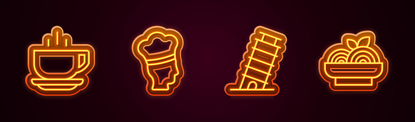 Canvas Print - Set line Coffee cup, Italian cook, Leaning tower in Pisa and Pasta spaghetti. Glowing neon icon. Vector