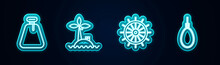 Set Line Pirate Sack, Tropical Island In Ocean, Ship Steering Wheel And Gallows Rope Loop Hanging. Glowing Neon Icon. Vector