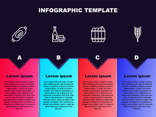 Sticker - Set line Salami sausage, Beer bottle and glass, Wooden barrel and Wheat. Business infographic template. Vector