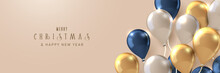 Celebration Banner. White, Gold, And Blue Flying Balloons Celebration Background. Birthday, Party, Banner, Posters, Cards, Headers, Website