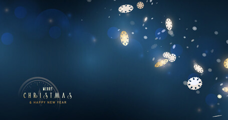 Poster - Happy New Year 2022. Golden snowflakes fall with bokeh light on dark blue background. Vector illustration
