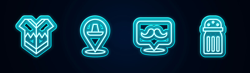 Sticker - Set line Poncho, Mexican sombrero, Mustache and Salt. Glowing neon icon. Vector