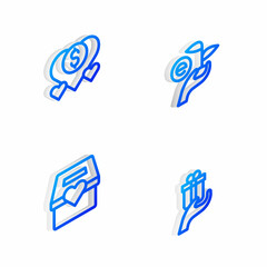 Sticker - Set Isometric line Leaf in hand, Donation charity, and Give gift icon. Vector